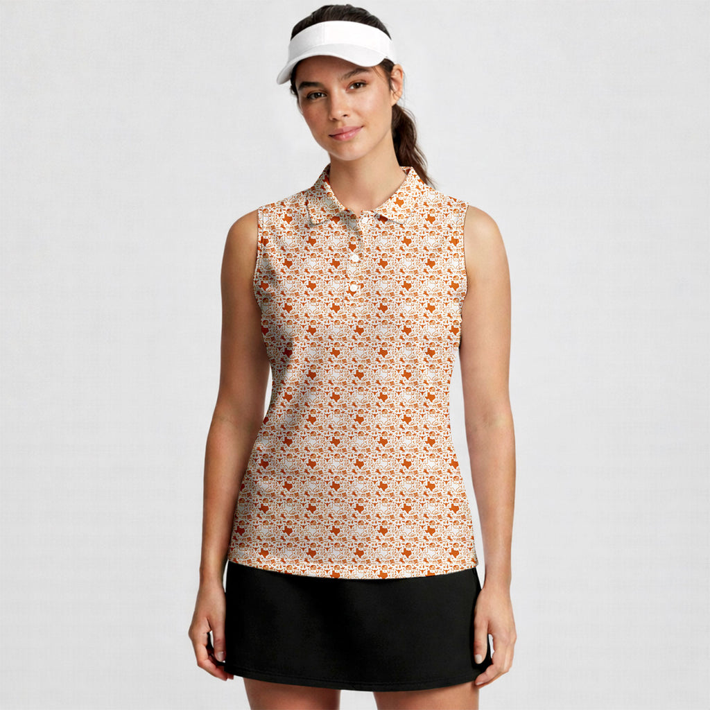 Lone Spur women's sleeveless golf shirt in Orange on a golfer, front view