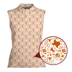 Lone Spur sleeveless golf polo for women in Orange, close-up of the Texas western print