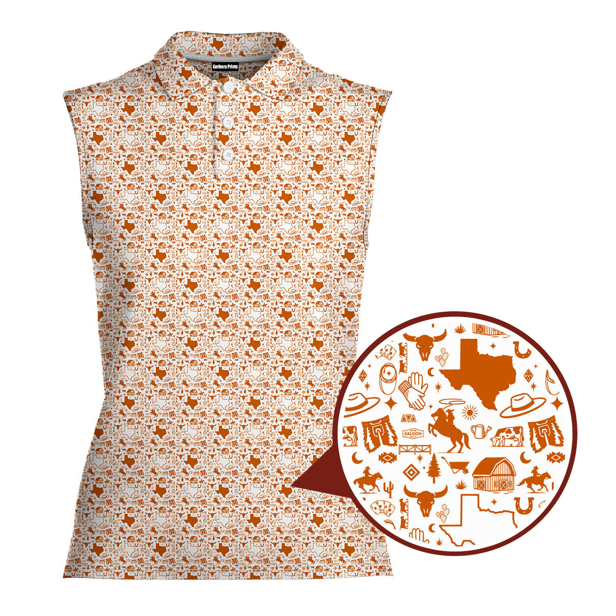 Lone Spur sleeveless golf polo for women in Orange, close-up of the Texas western print