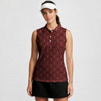 Lone Spur women's sleeveless golf shirt in Red on a golfer, front view