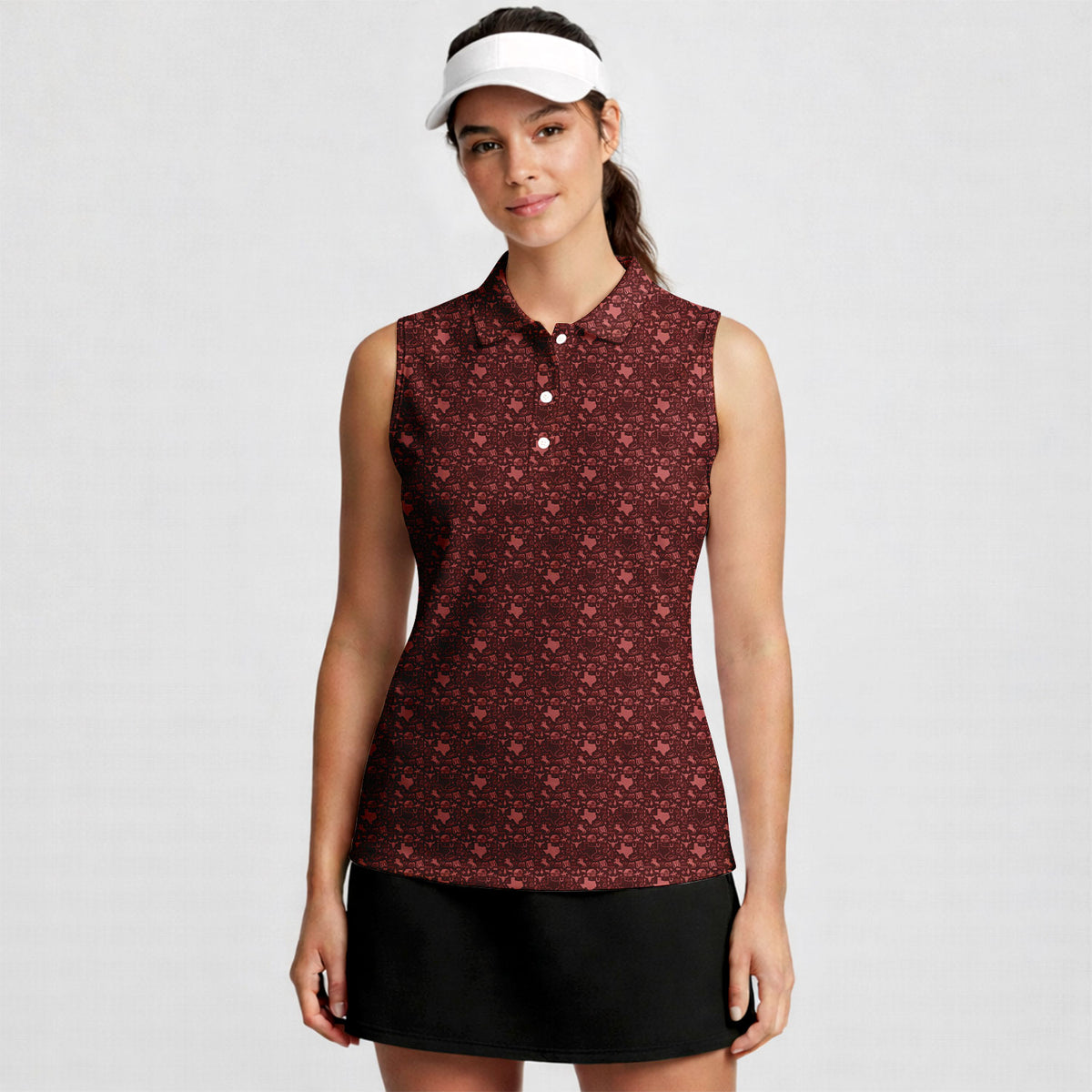 Lone Spur women's sleeveless golf shirt in Red on a golfer, front view