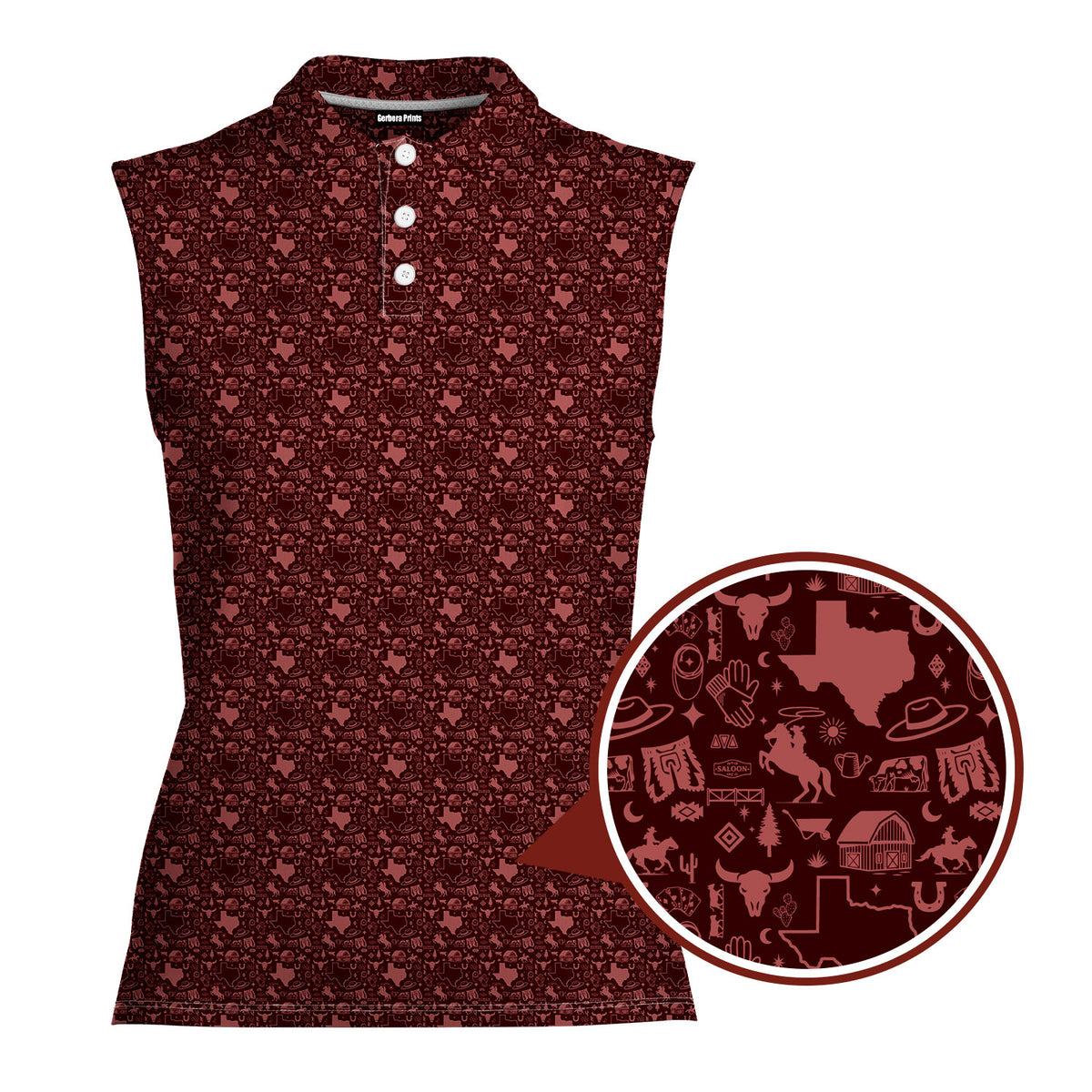 Lone Spur sleeveless golf polo for women in Red, close-up of the Texas western print