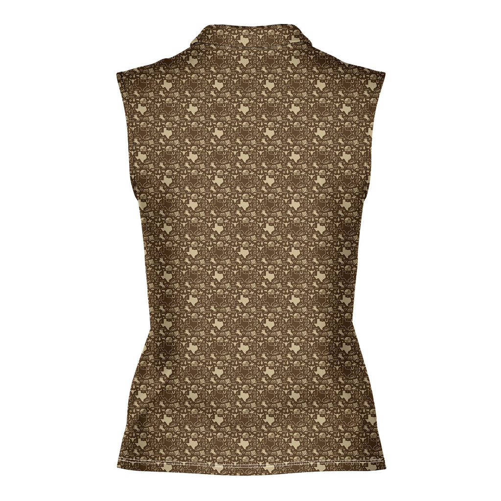 Lone Spur sleeveless golf polo for women in Tan, back flat lay
