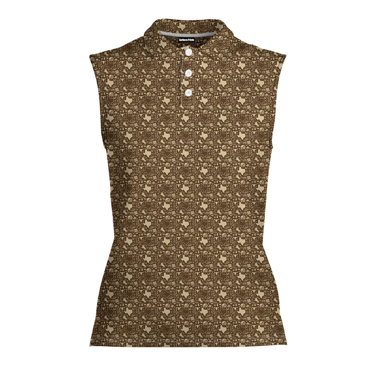Lone Spur sleeveless golf polo for women in Tan, front flat lay