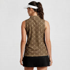 Lone Spur women's sleeveless golf shirt in Tan on a golfer, back view