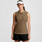 Lone Spur women's sleeveless golf shirt in Tan on a golfer, front view