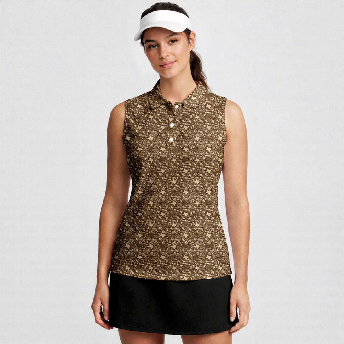 Lone Spur women's sleeveless golf shirt in Tan on a golfer, front view