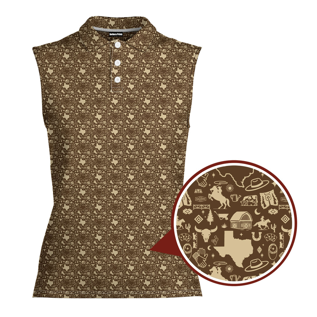 Lone Spur sleeveless golf polo for women in Tan, close-up of the Texas western print