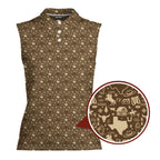 Lone Spur sleeveless golf polo for women in Tan, close-up of the Texas western print