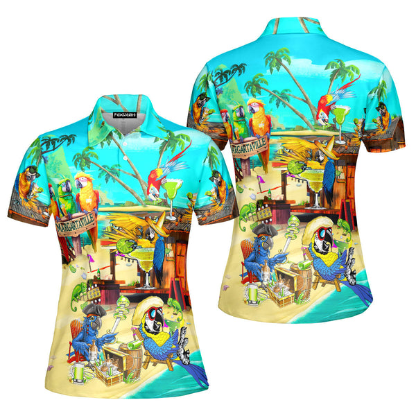 Funny Parrot In Summer Beach Party Cocktail Margaritaville Polo Shirt For Women