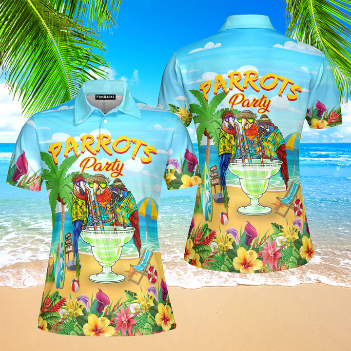 Parrots Party Drink Cocktail Tropical Polo Shirt For Women