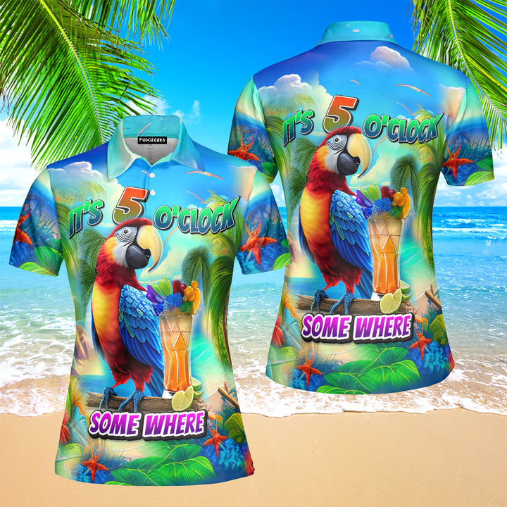 It's Five O'Clock Somewhere Tropical Parrot Polo Shirt For Women