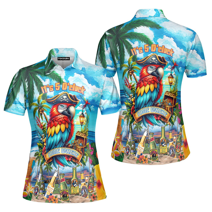 Parrot It's 5 O'Clock Somewhere Beer Party On The Beach Blue Polo Shirt For Women