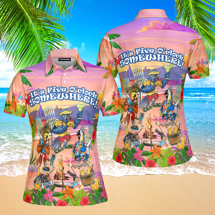 It's 5 O'clock Somewhere Parrot Beach Party Pink Polo Shirt For Women