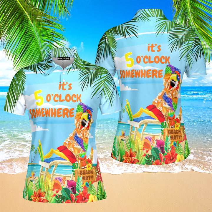 It's 5 O'Clock Somewhere Parrot On The Beach Blue Polo Shirt For Women