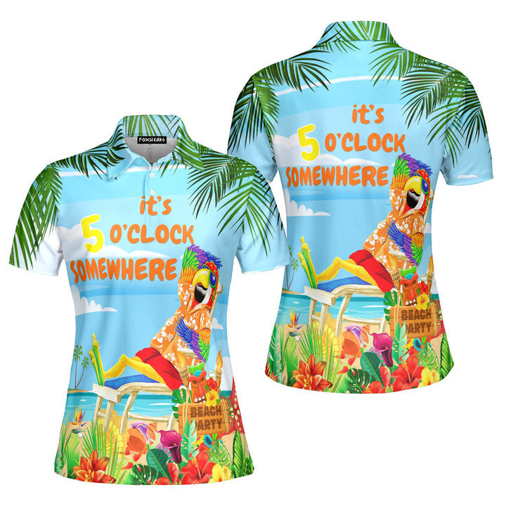 It's 5 O'Clock Somewhere Parrot On The Beach Blue Polo Shirt For Women