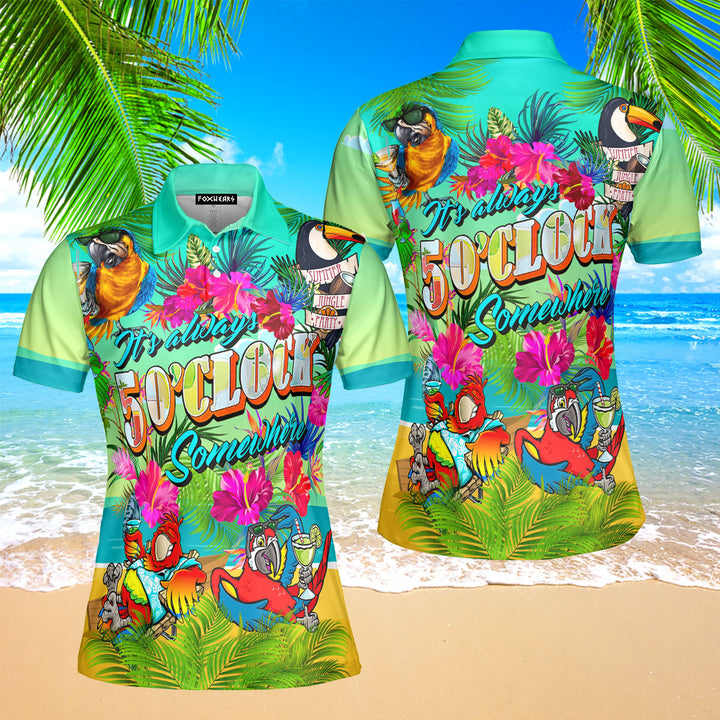 Parrots It's Five O'clock Somewhere Margarita Cocktails Tropical Polo Shirt For Women