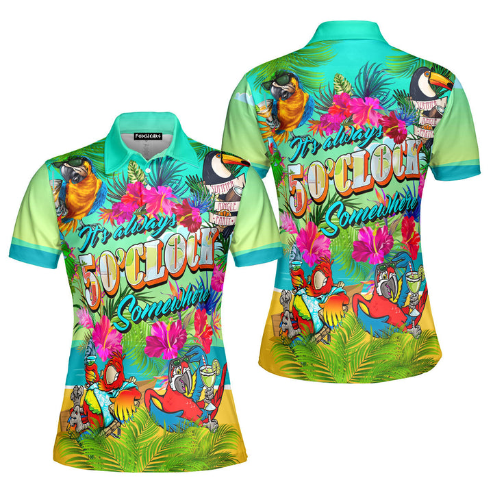 Parrots It's Five O'clock Somewhere Margarita Cocktails Tropical Polo Shirt For Women