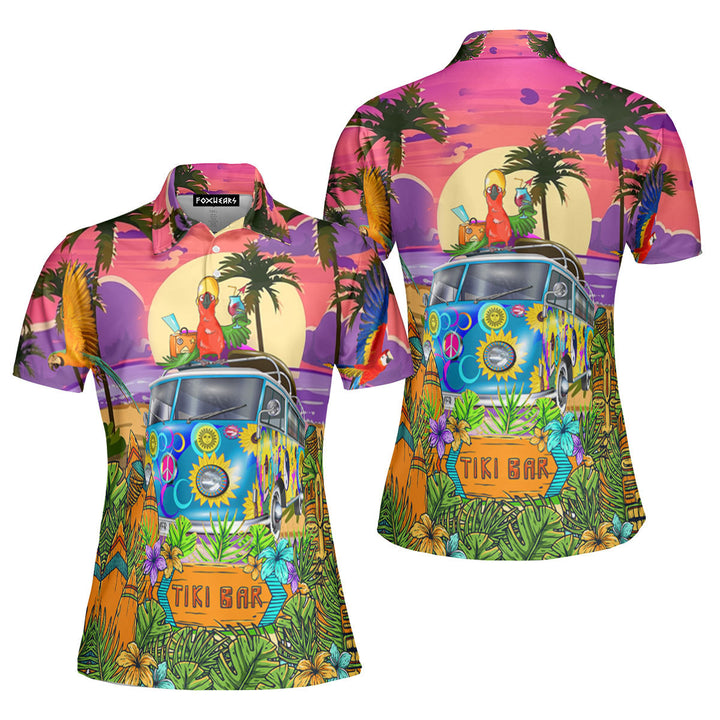 Parrots Tiki On Hippie Bus Polo Shirt For Women