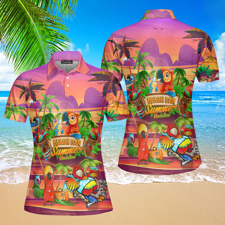 Parrot Drink Cocktail Tiki Party Beach Bar Pink Polo Shirt For Women