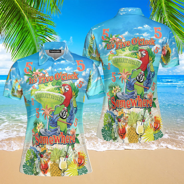 It's 5 O'clock Somewhere Parrot Tropical Polo Shirt For Women