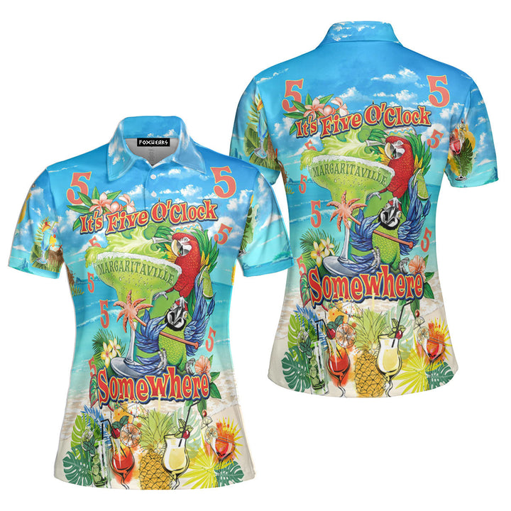 It's 5 O'clock Somewhere Parrot Tropical Polo Shirt For Women