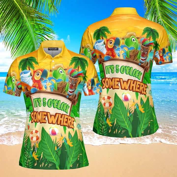 It's 5 O'clock Somewhere Parrot Turtle Tiki Party Yellow Polo Shirt For Women