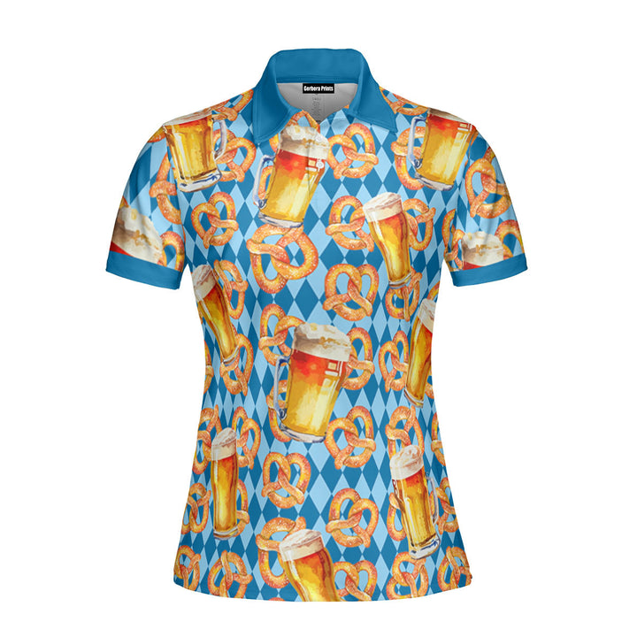 Oktoberfest Beer Pretzels Blue Checkered Polo Shirt For Women 