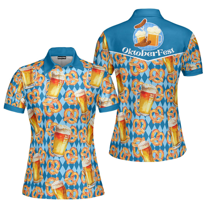 Oktoberfest Beer Pretzels Blue Checkered Polo Shirt For Women 