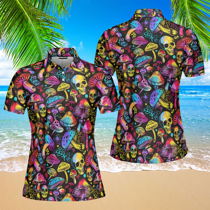 Colorful Hippie Mushroom Skull Polo Shirt For Women 