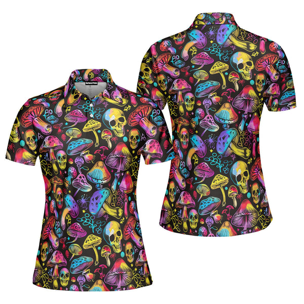 Colorful Hippie Mushroom Skull Polo Shirt For Women 