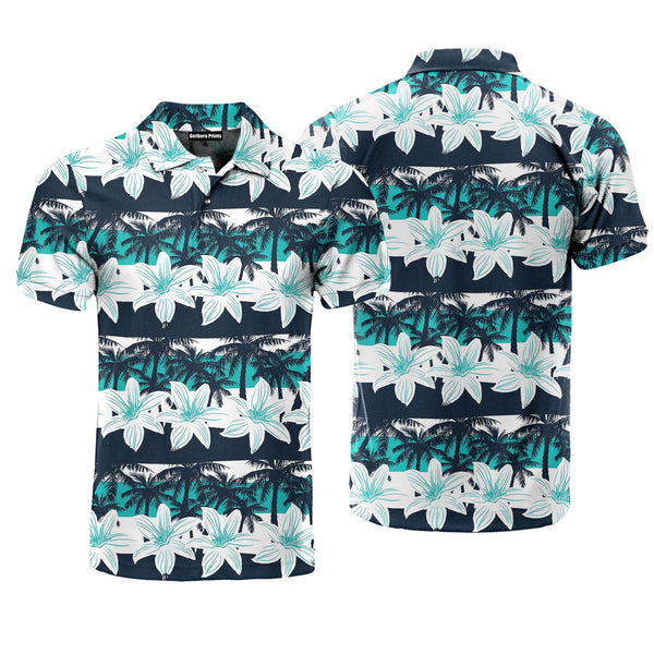 Tropical Frangipani Palms Stripes Polo Shirt For Men