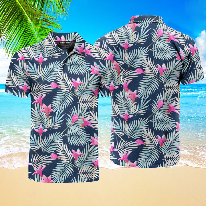 Hibicus Floral Blue Tropical Polo Shirt For Men