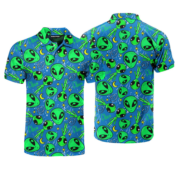 Alien Head Pattern Green Blue Polo Shirt For Men