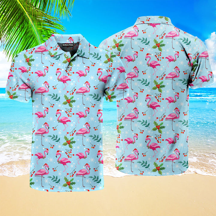 Pink Flamingo Merry Christmas Polo Shirt For Men