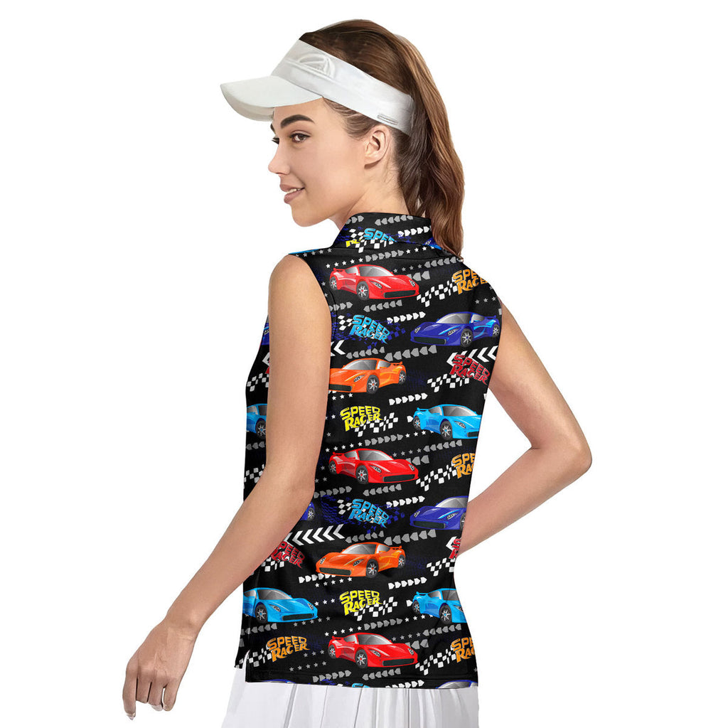 Vintage Car Racing Motorshow-Women Sleeveless Polo Shirt-Gerbera Prints