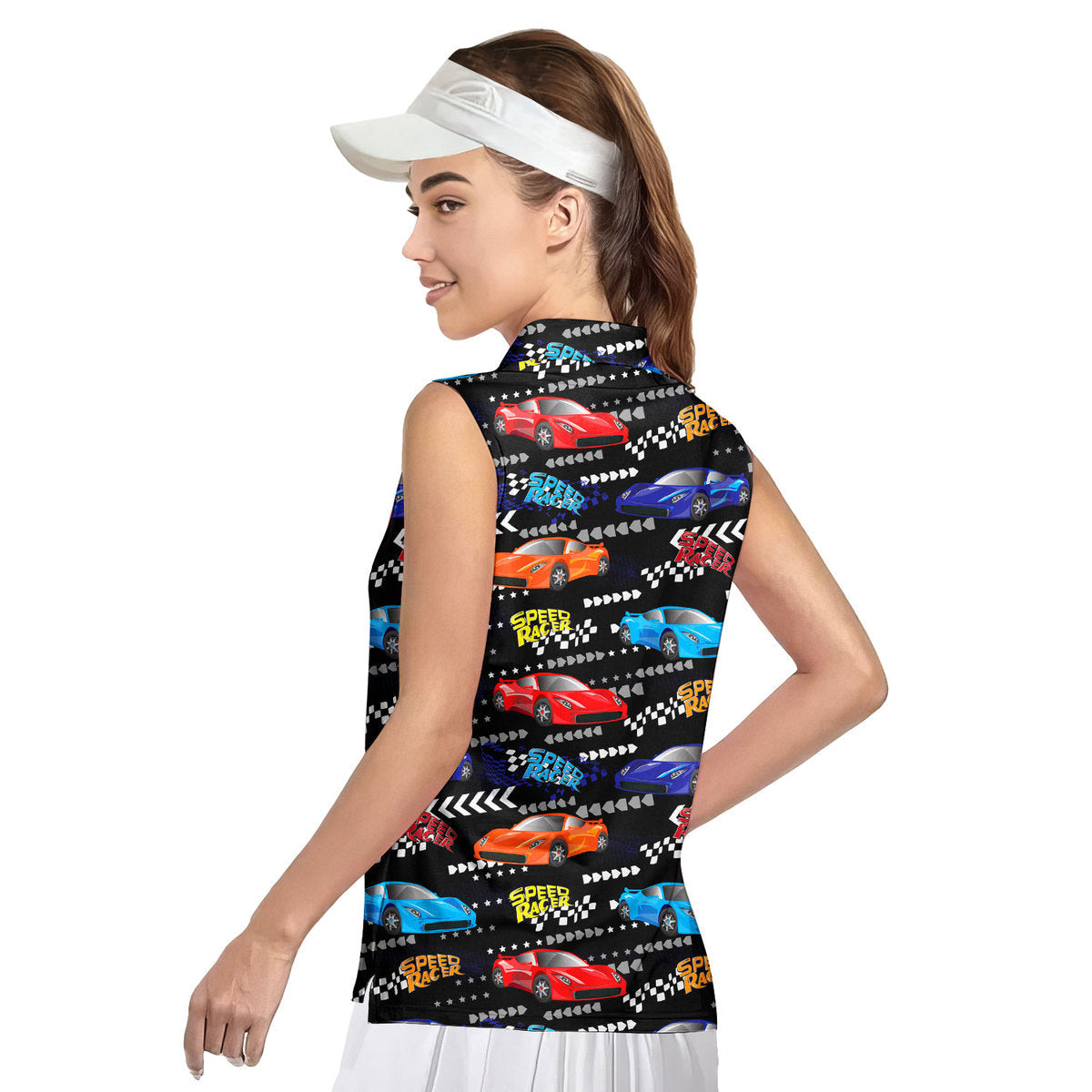Vintage Car Racing Motorshow-Women Sleeveless Polo Shirt-Gerbera Prints