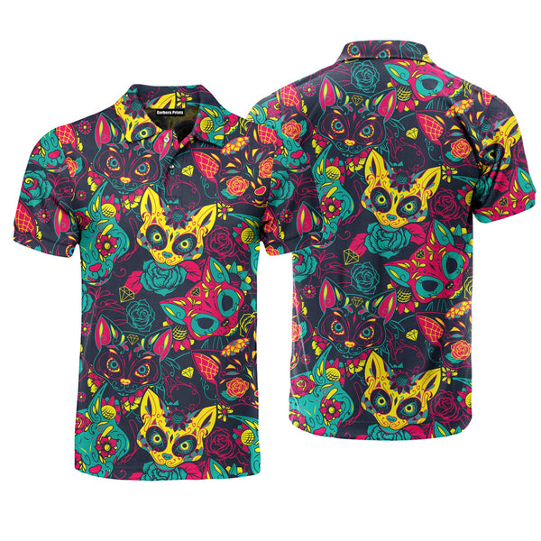 Day Of The Dead Colorful Sugar Cat Skull With Floral Polo Shirt For Men