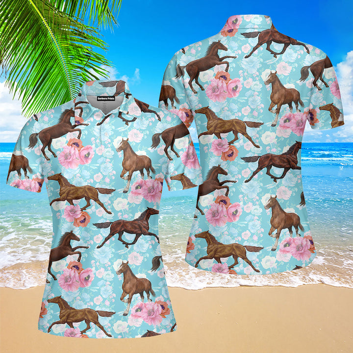 Racing Horse Derby Day Kentucky Floral Polo Shirt For Women