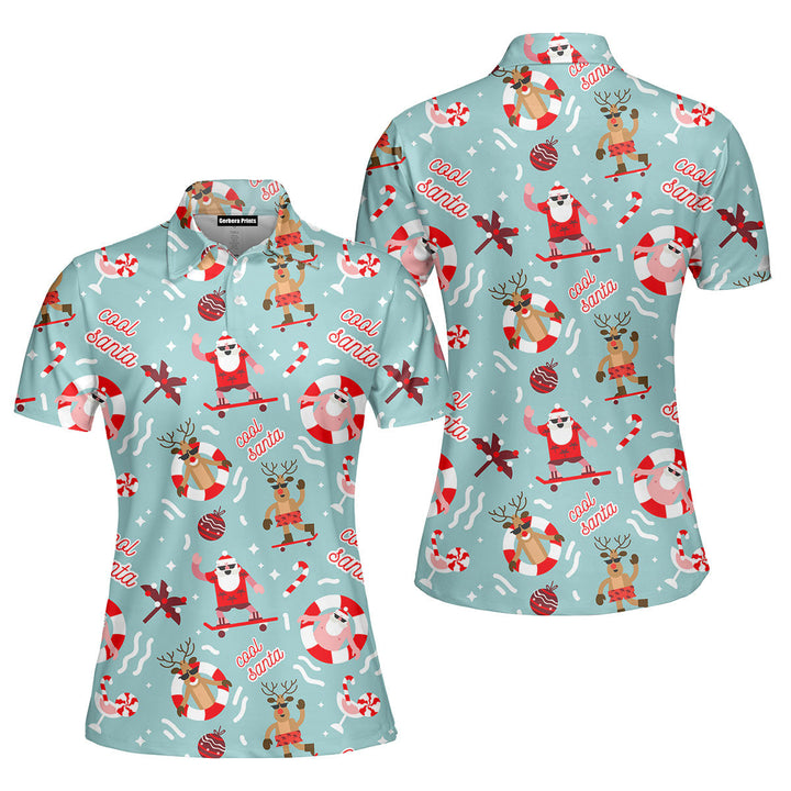 Christmas In July Cool Santa Reindeer Summer Beach Polo Shirt For Women