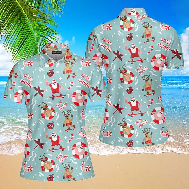 Christmas In July Cool Santa Reindeer Summer Beach Polo Shirt For Women