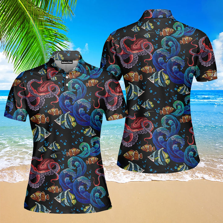 Octopus With Sea Wave Polo Shirt For Women