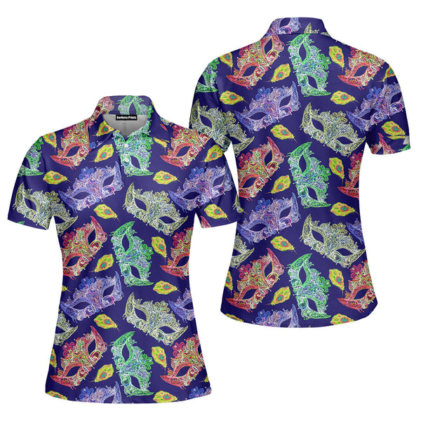 Colorful Rhinestones Masks Mardi Gras Polo Shirt For Women