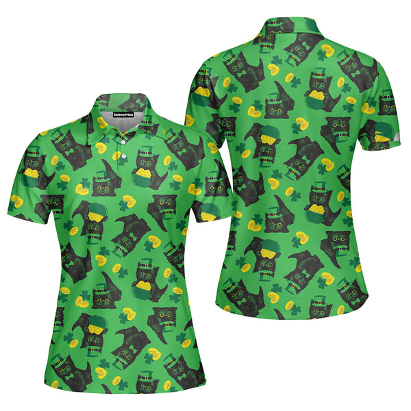 Black Kitten Leprechaun St Patricks Day Polo Shirt For Women