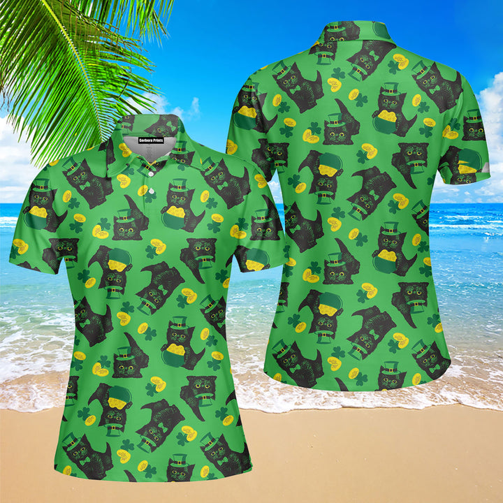 Black Kitten Leprechaun St Patricks Day Polo Shirt For Women