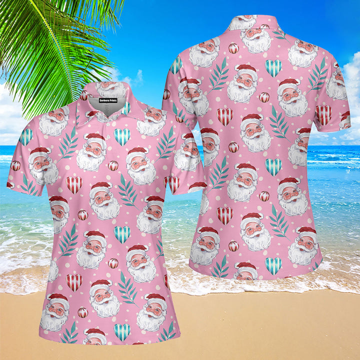 Vintage Santa Claus Pink Christmas Polo Shirt For Women