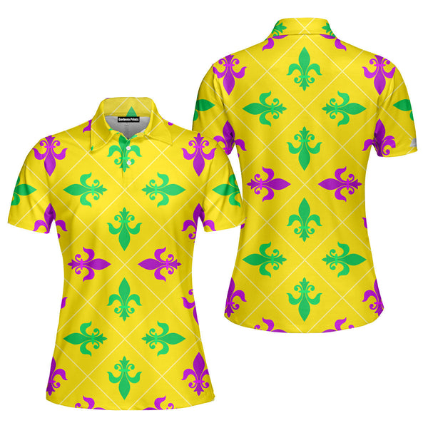 Yellow Fleur De Lis Mardi Gras Polo Shirt For Women