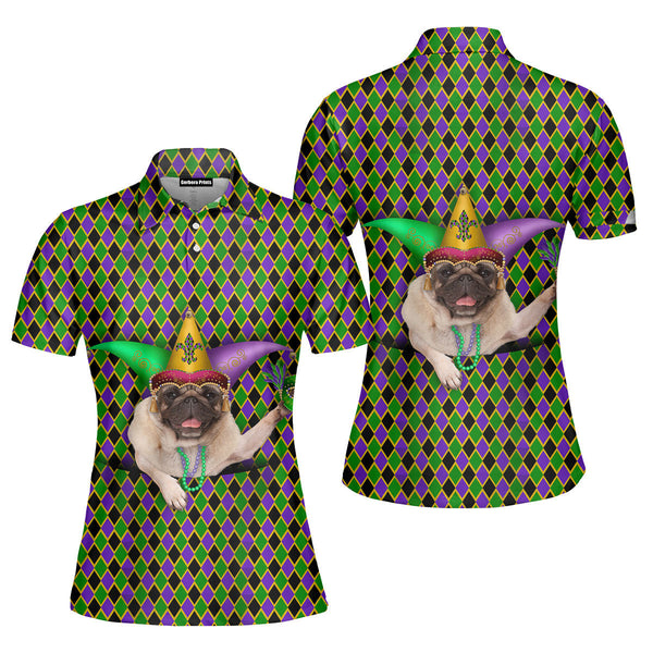 Funny Pug Dog Wears Jester Hat Mardi Gras Polo Shirt For Women