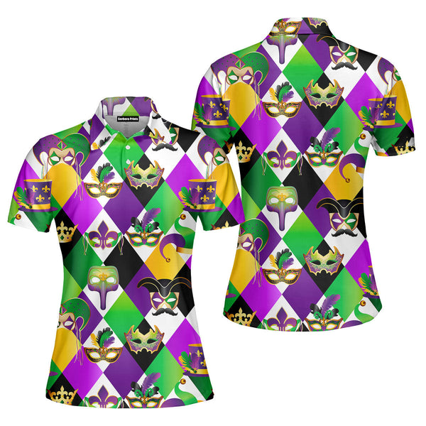 Golden Carnival Masks On Mardi Gras Polo Shirt For Women