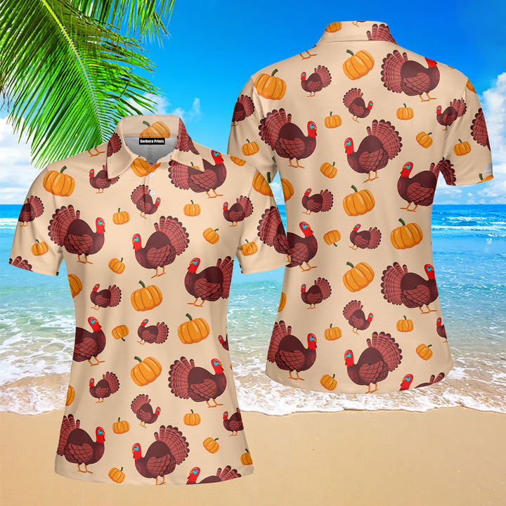 Turkey Bird And Pumpkin Holiday Thanksgiving Polo Shirt For Women